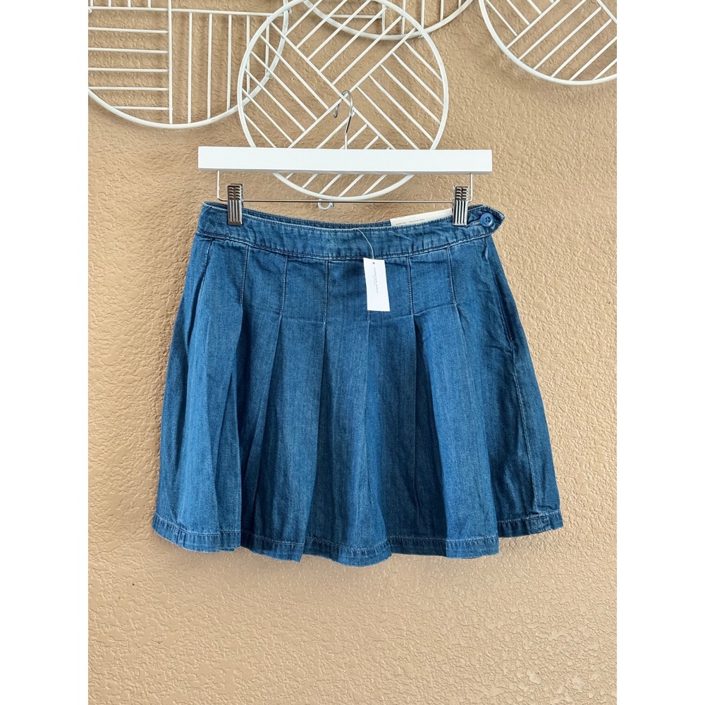 American Eagle Women Medium Wash Pleated Denim Mini Skirt High Rise Blue Size 2